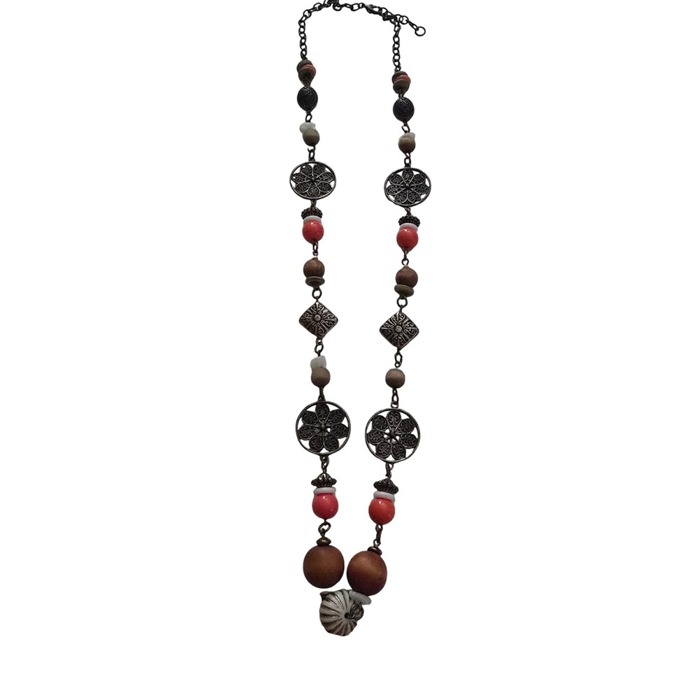 Boho Mixed Media Station Necklace Wood Resin Silver Tone Filigree Floral 24 Inch
